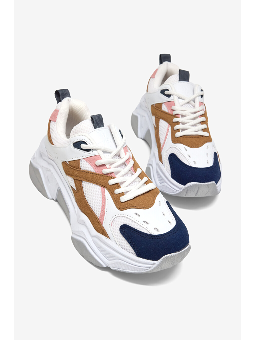 Kadın Beyaz Mavi Kahve Rahat Kalıp Poli Taban Bağcıklı Sneaker-1