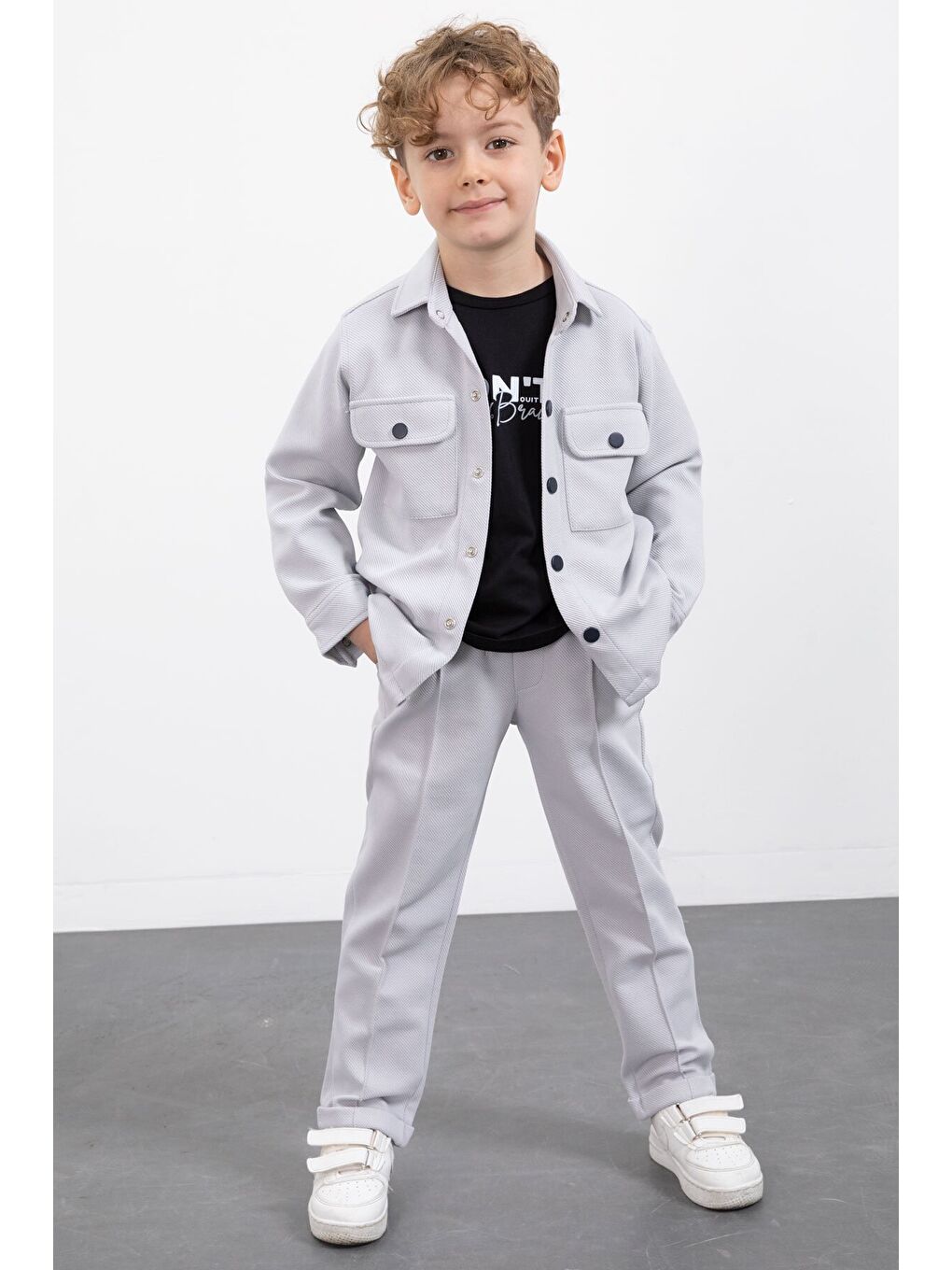 Gri Çıtçıtlı Gömlekli Erkek Çocuk 3lü Tişörtlü Takım 23381-2