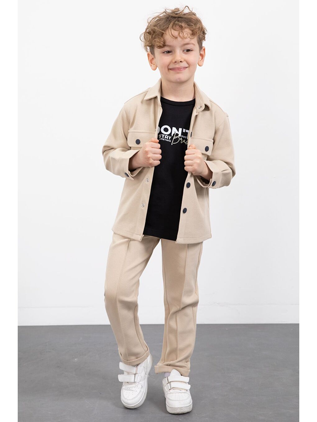 Ekru Krem Çıtçıtlı Gömlekli Erkek Çocuk 3lü Tişörtlü Takım 23380-1