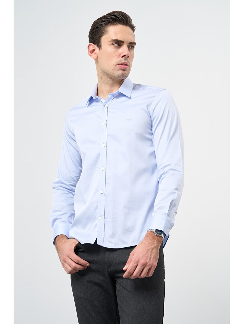 Mavi Sert Yaka Uzun Kol Cepsiz Slim Fit %100 Pamuk Gömlek 1004260324-2