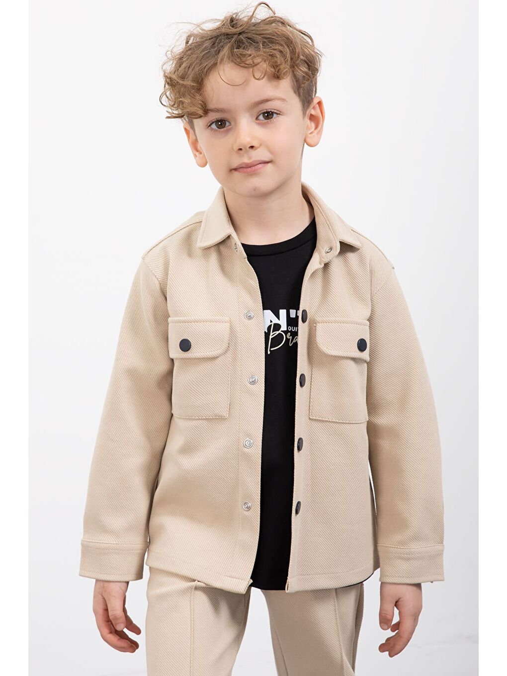 Ekru Krem Çıtçıtlı Gömlekli Erkek Çocuk 3lü Tişörtlü Takım 23380-2