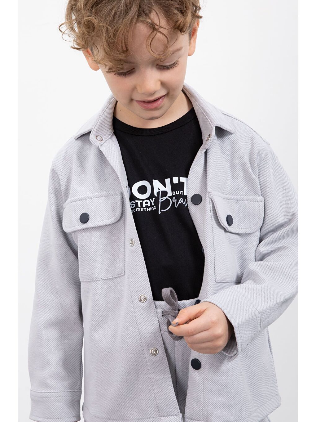 Gri Çıtçıtlı Gömlekli Erkek Çocuk 3lü Tişörtlü Takım 23381-4