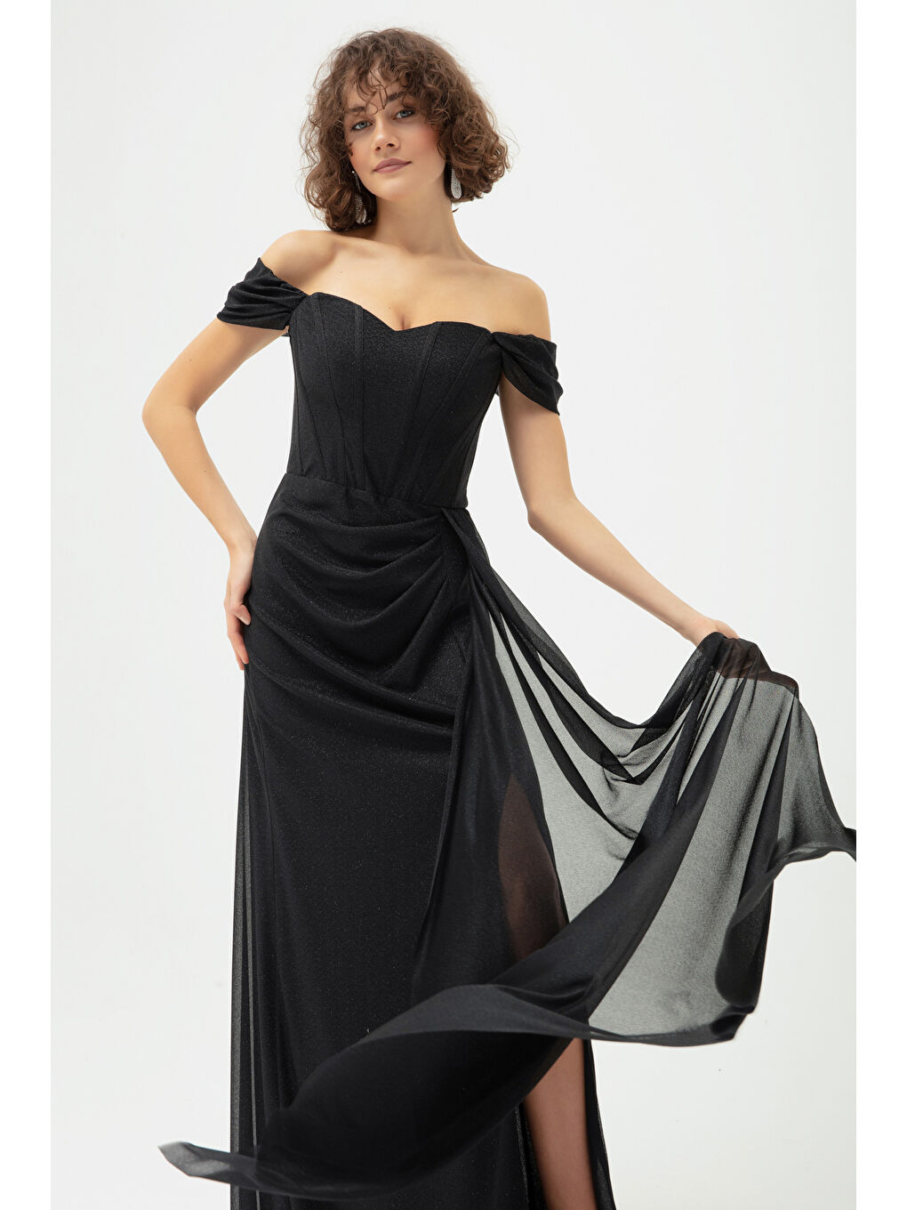 Kadın Siyah Balen Korse Detaylı Simli Uzun Abiye Elbise