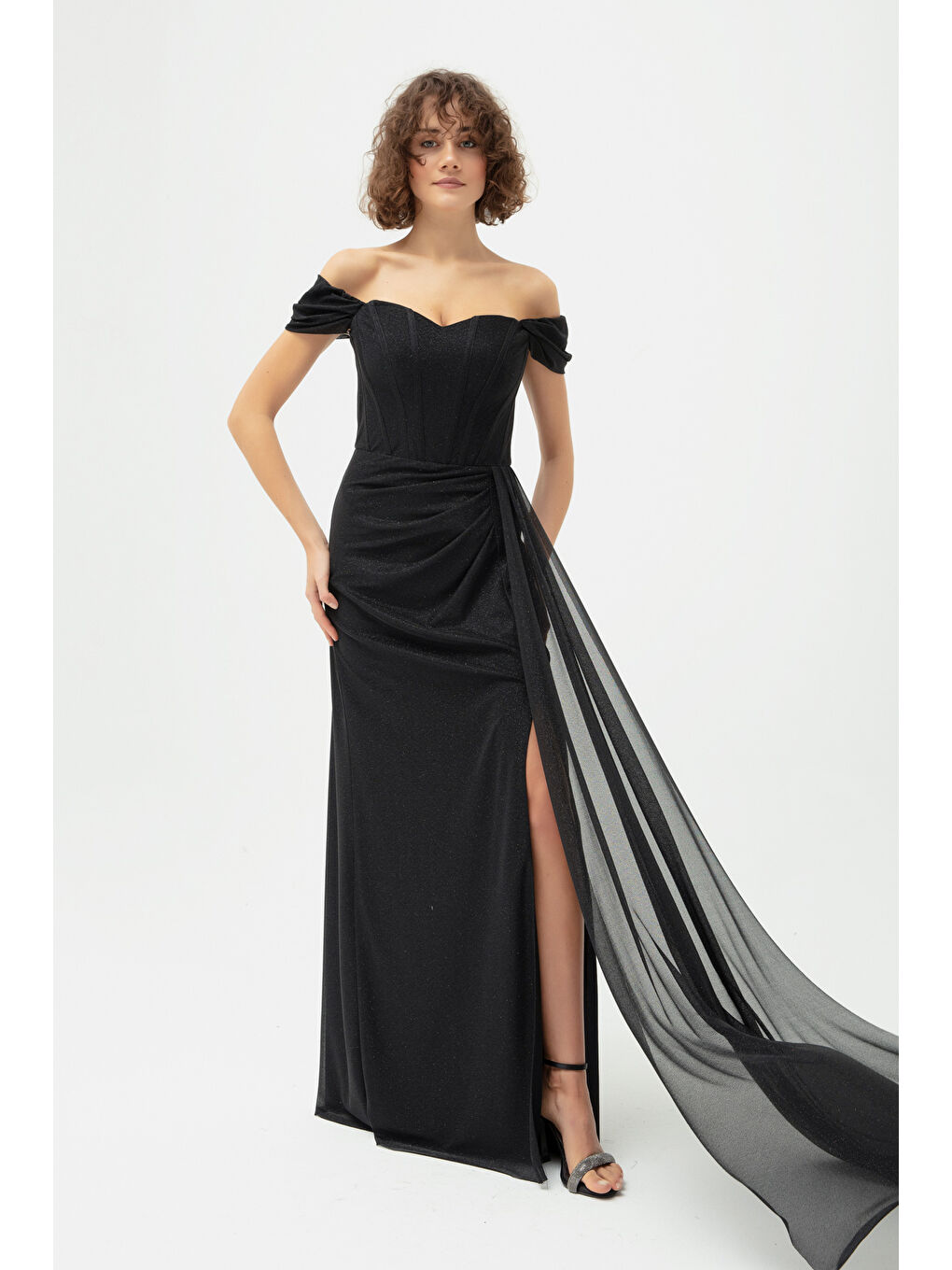 Kadın Siyah Balen Korse Detaylı Simli Uzun Abiye Elbise-1