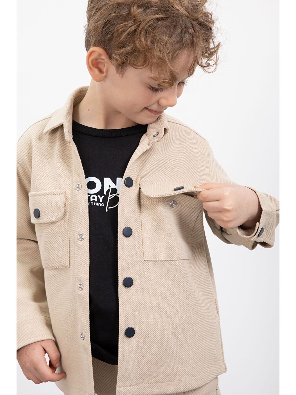 Ekru Krem Çıtçıtlı Gömlekli Erkek Çocuk 3lü Tişörtlü Takım 23380-3