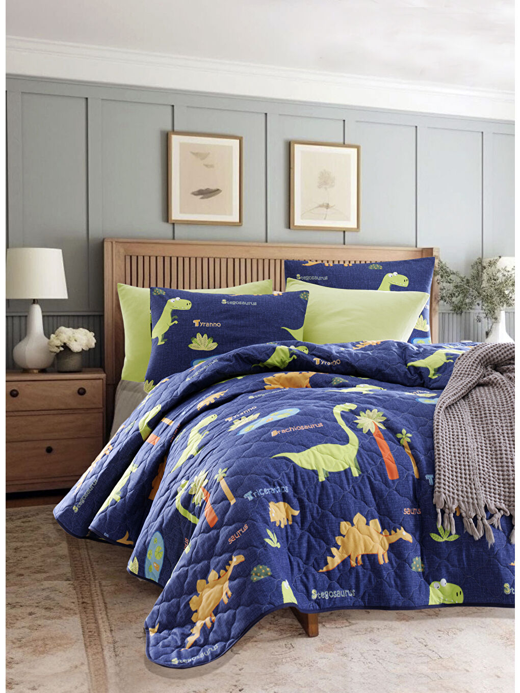 Kapitone Yatak Örtüsü Seti Çift Kişilik Dinolar Lacivert