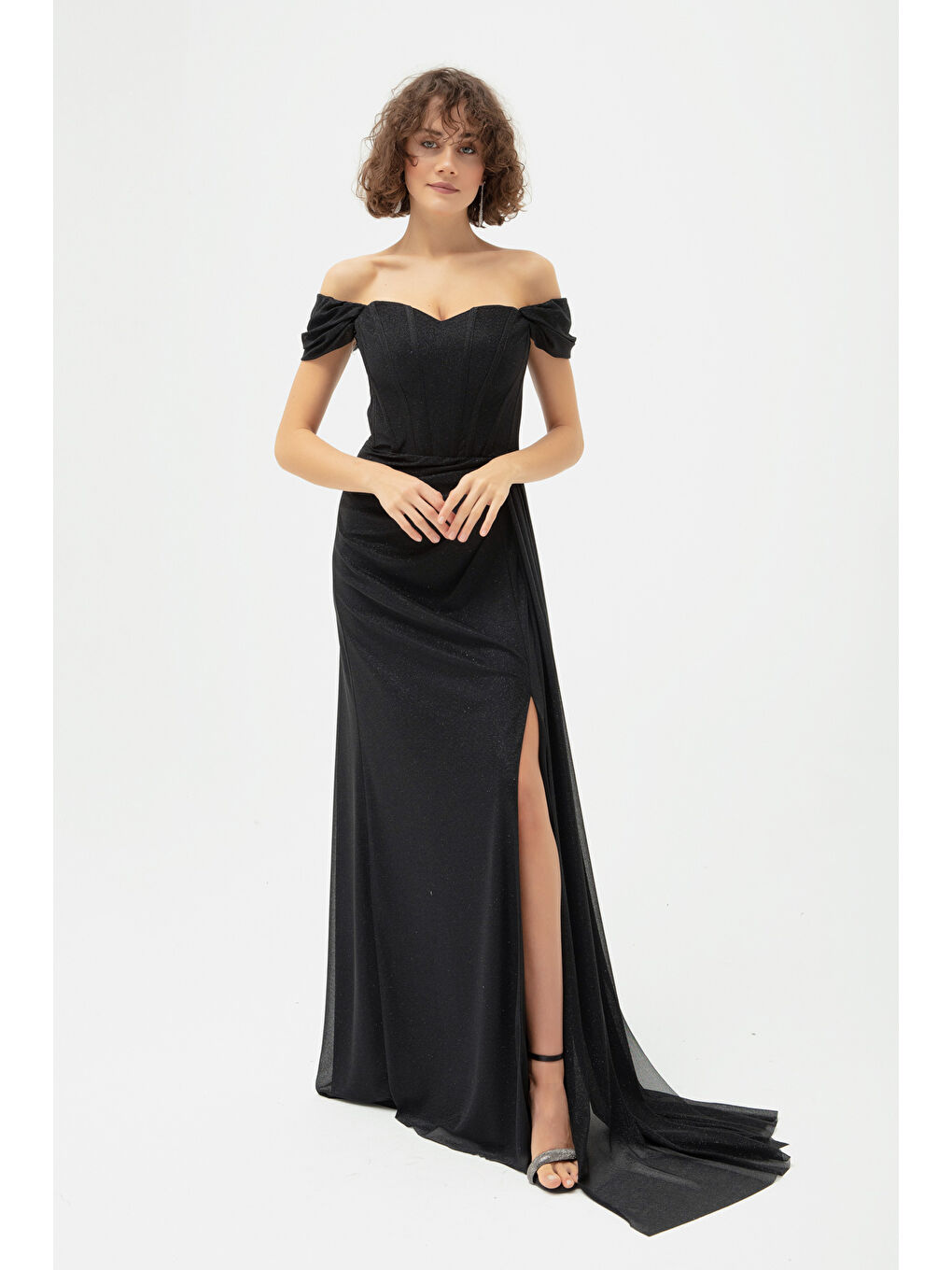 Kadın Siyah Balen Korse Detaylı Simli Uzun Abiye Elbise-2