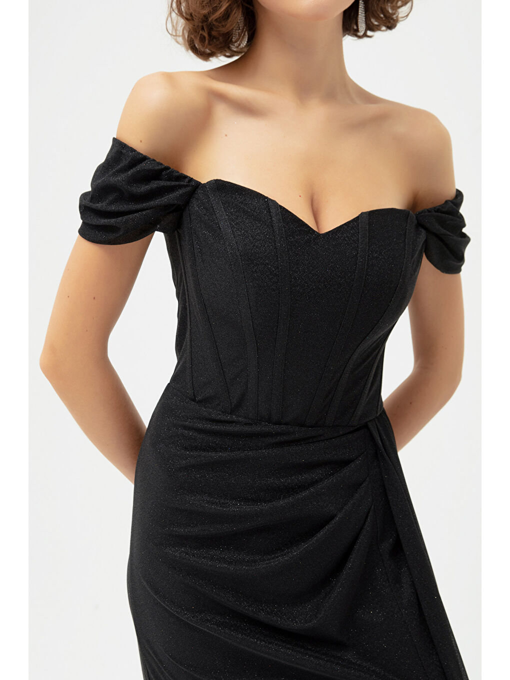 Kadın Siyah Balen Korse Detaylı Simli Uzun Abiye Elbise-3