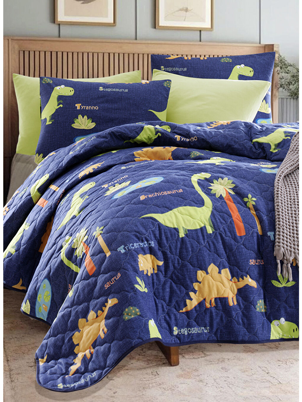 Kapitone Yatak Örtüsü Seti Çift Kişilik Dinolar Lacivert-1