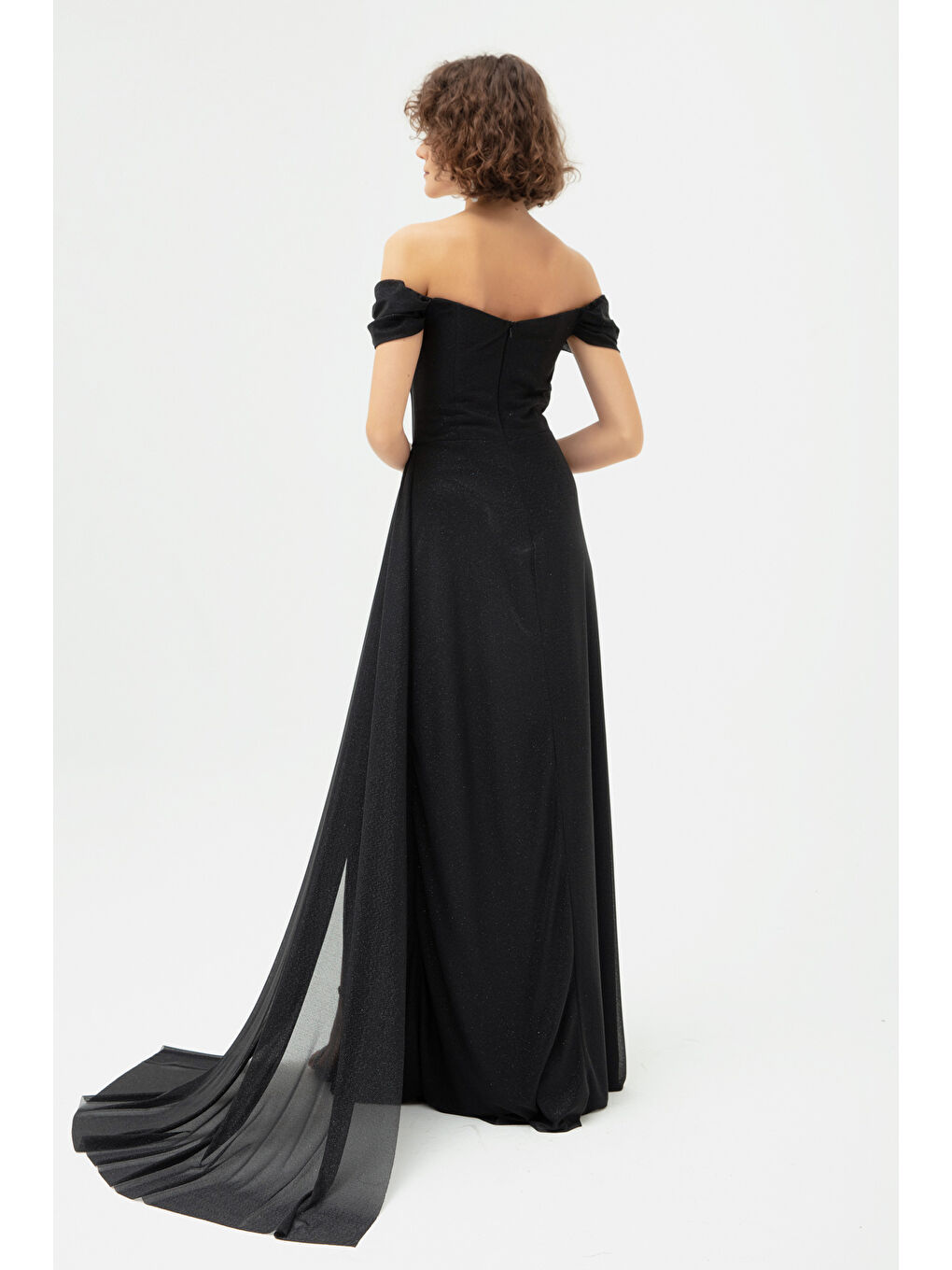 Kadın Siyah Balen Korse Detaylı Simli Uzun Abiye Elbise-4