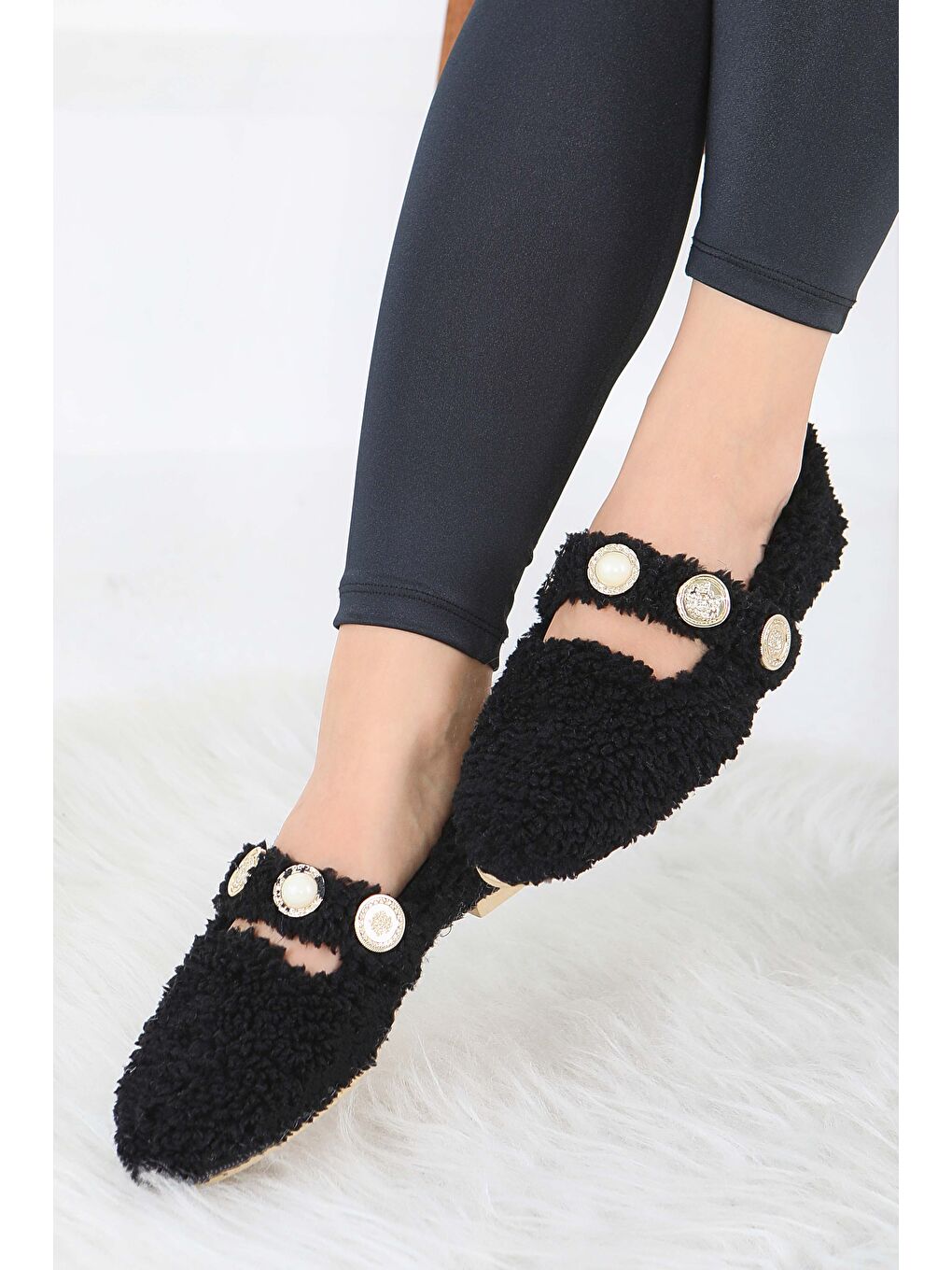 Kadın Siyah İnci Ve Tuğra Detaylı Pelüş Babet - 27911-SIYAH-2