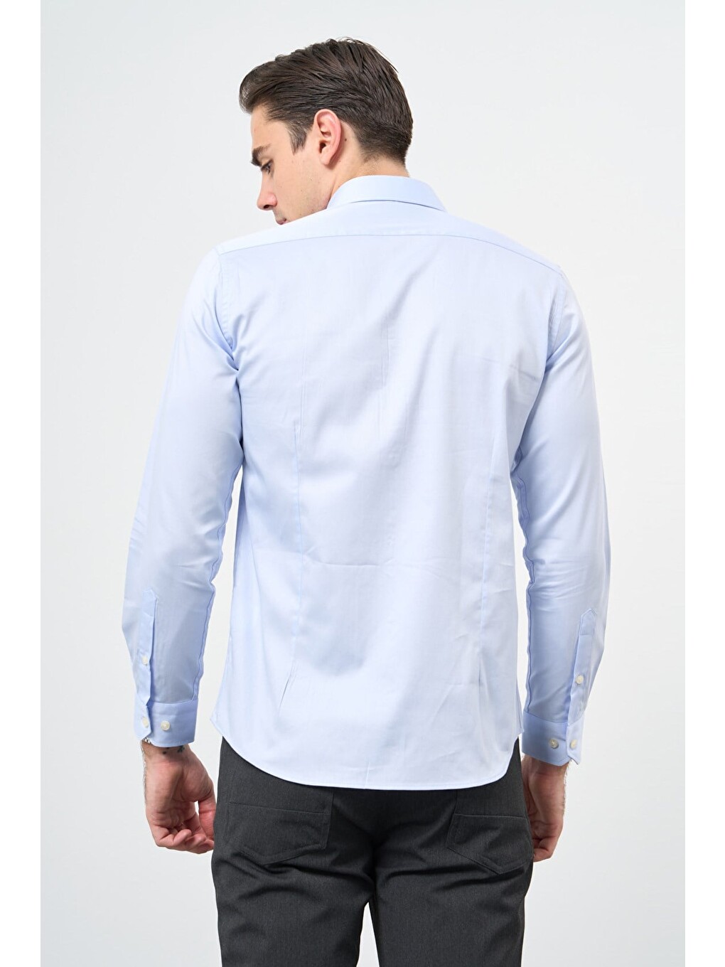 Mavi Sert Yaka Uzun Kol Cepsiz Slim Fit %100 Pamuk Gömlek 1004260324-4