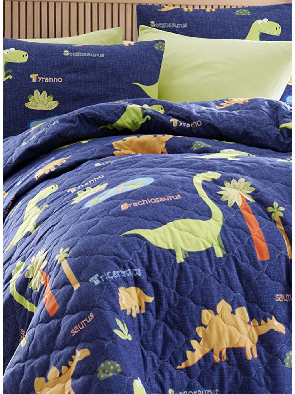 Kapitone Yatak Örtüsü Seti Çift Kişilik Dinolar Lacivert-2