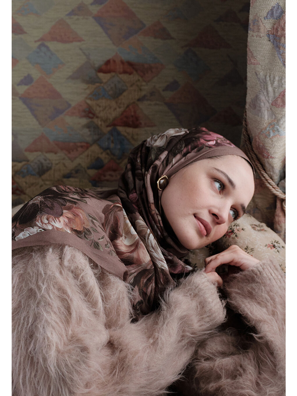 Bej ROSINE DESENLİ PAMUK VİSKON ŞAL VİZON-1