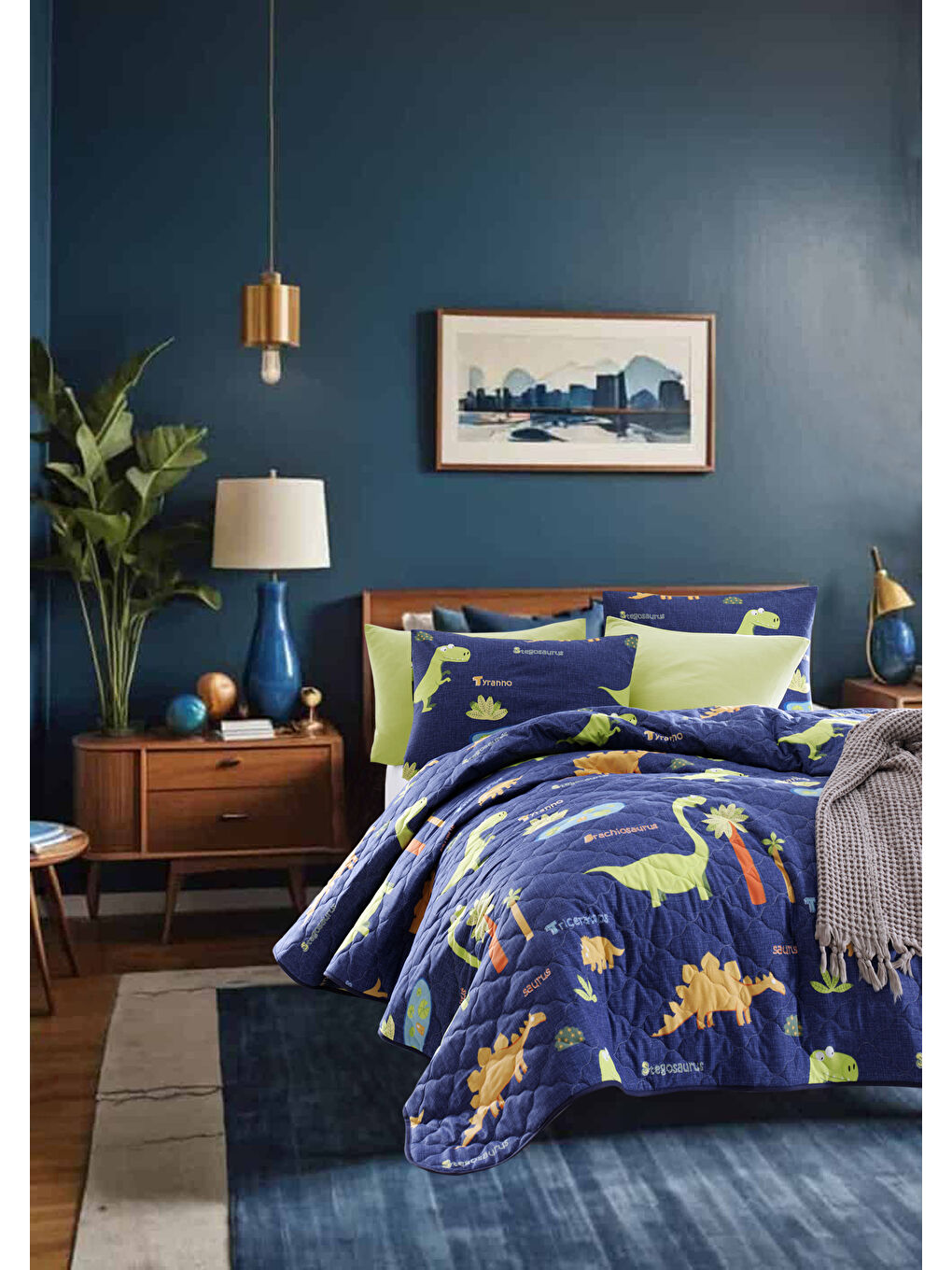Kapitone Yatak Örtüsü Seti Çift Kişilik Dinolar Lacivert-3