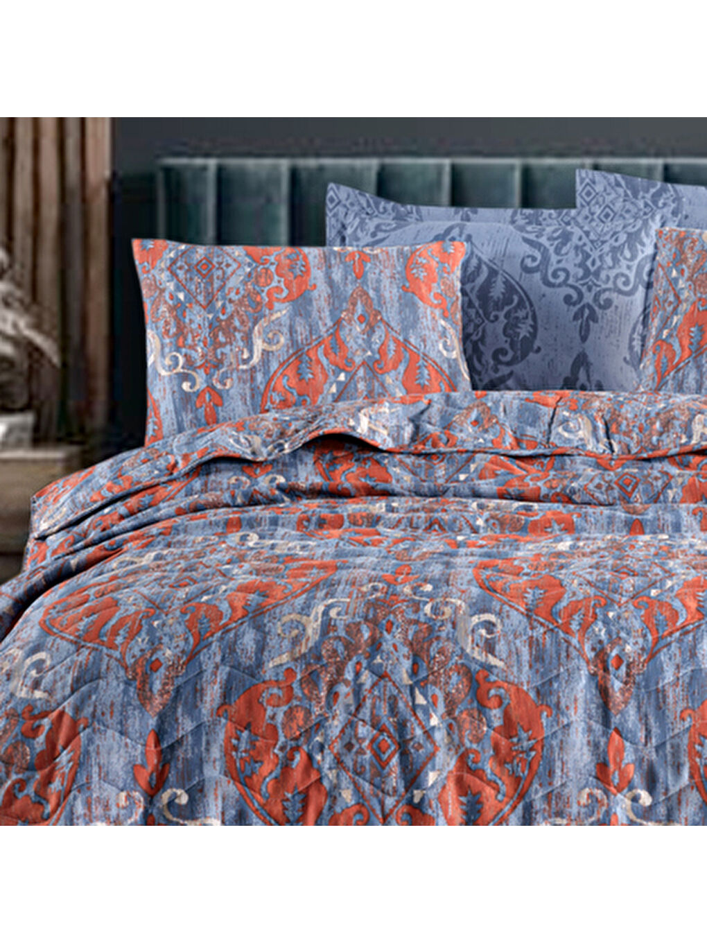 Kapitone Yatak Örtüsü Seti Çift Kişilik Hitit Lacivert-1