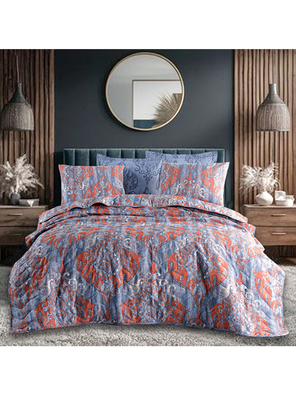 Kapitone Yatak Örtüsü Seti Çift Kişilik Hitit Lacivert-2