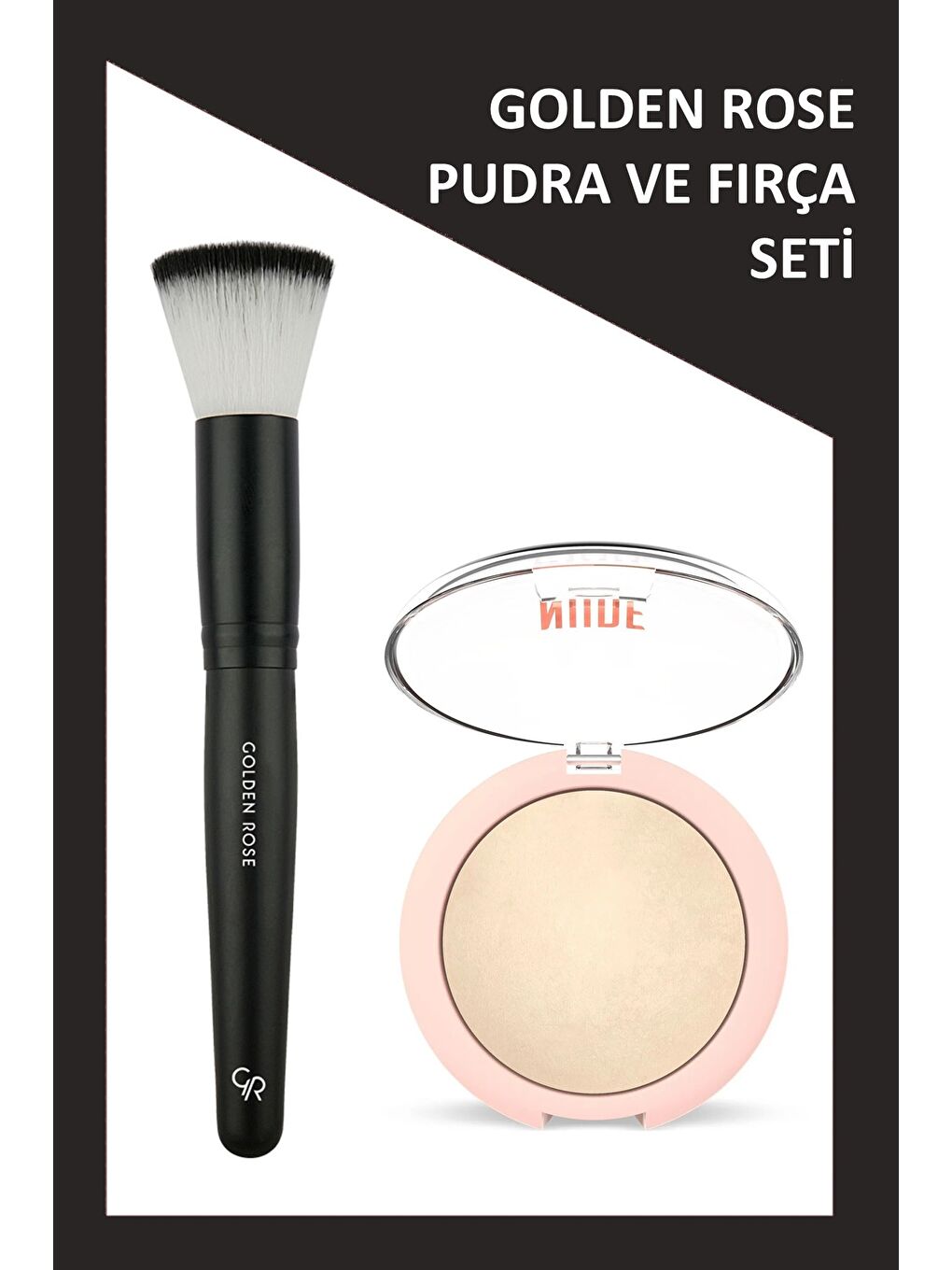 Round Face Brush - Fondöten Fırçası ve Nude Look Sheer Baked Powder - Fair Glow - Sedefli Pudra Seti