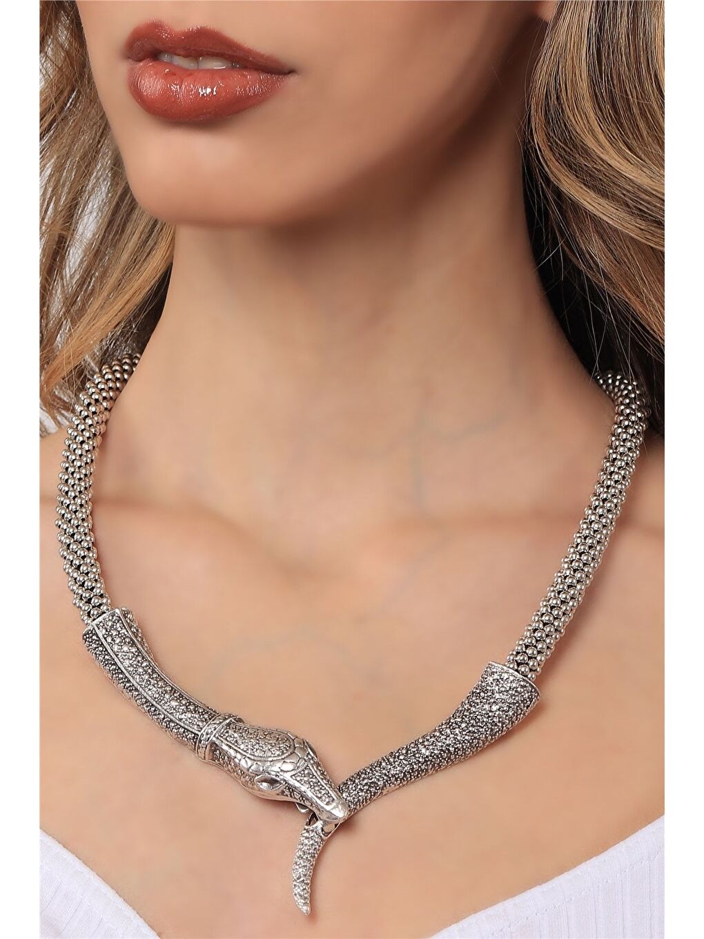 Gri Kadın Antik Gümüş Kaplama Örme Boncuk Zincir Yılan Kolye-1