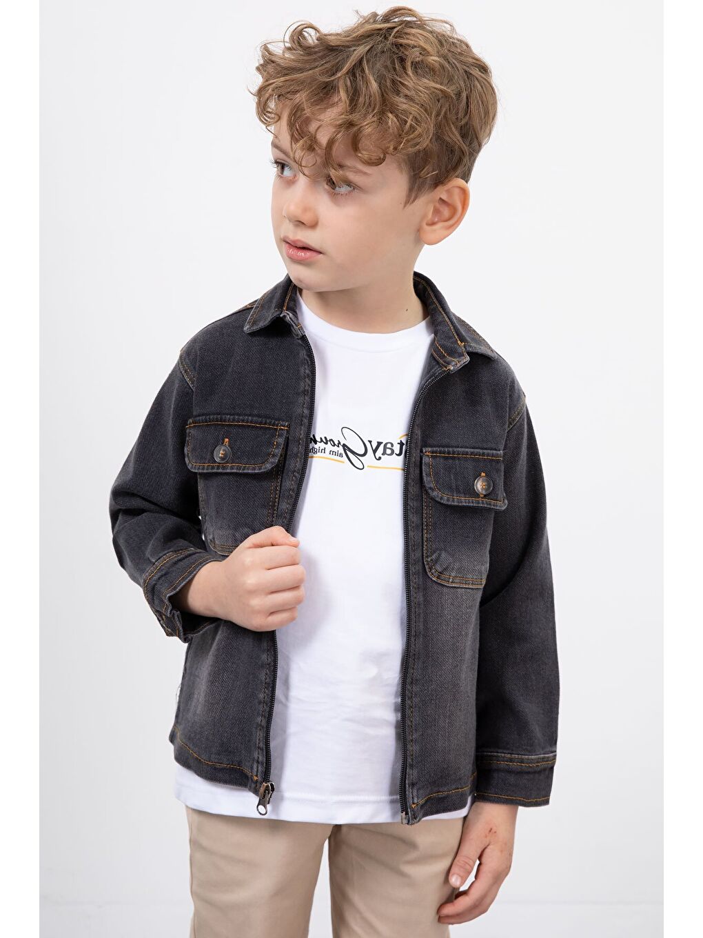 Siyah Fermuarlı Jean Ceketli Erkek Çocuk Pantolonlu 3lü Takım 23387-1
