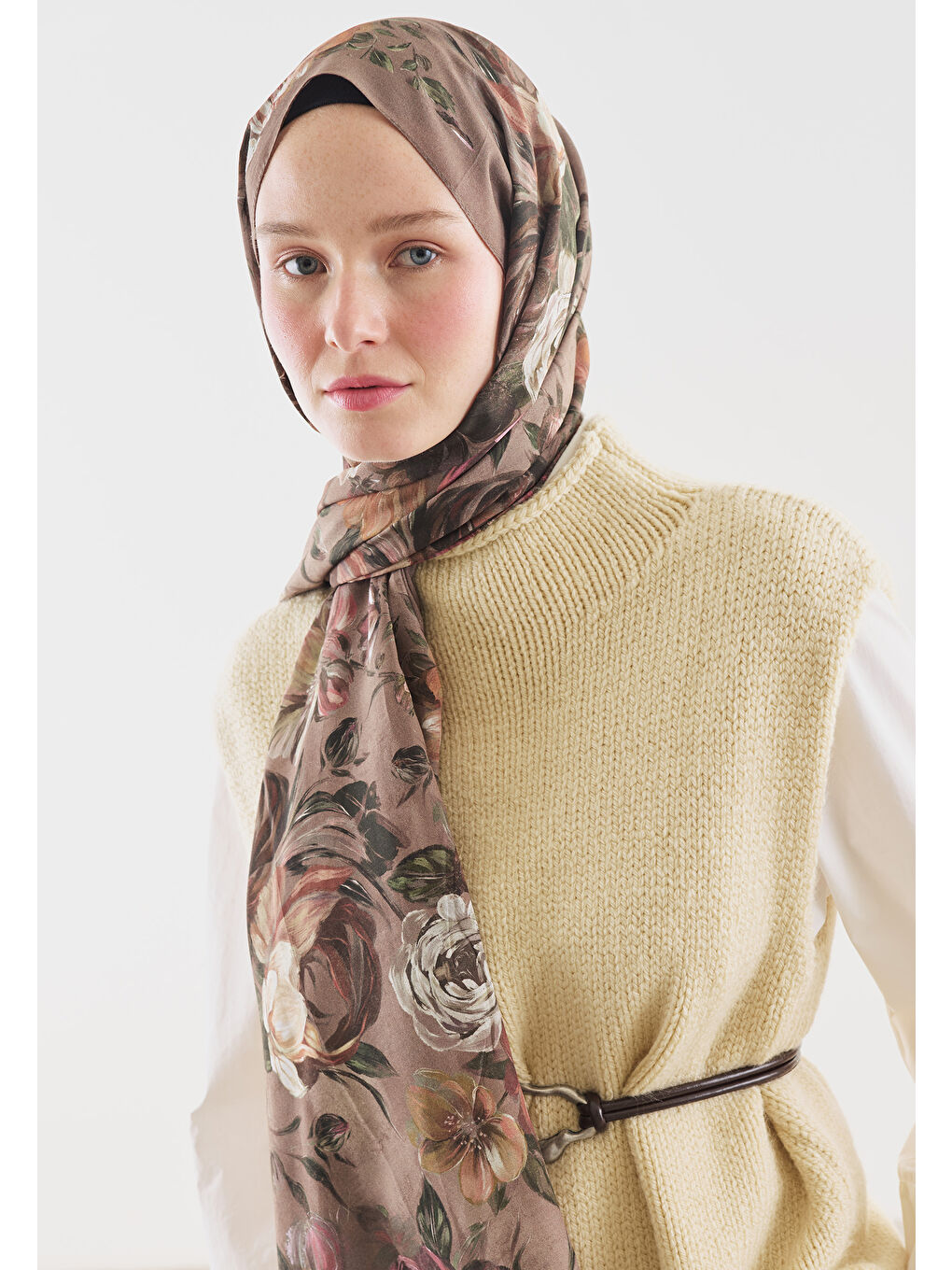 Bej ROSINE DESENLİ PAMUK VİSKON ŞAL VİZON-2