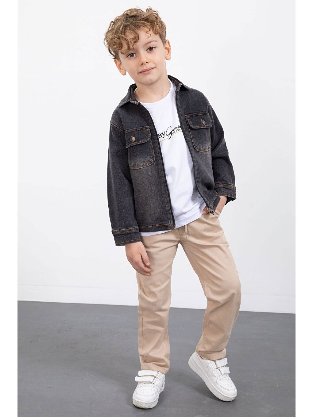 Siyah Fermuarlı Jean Ceketli Erkek Çocuk Pantolonlu 3lü Takım 23387-2