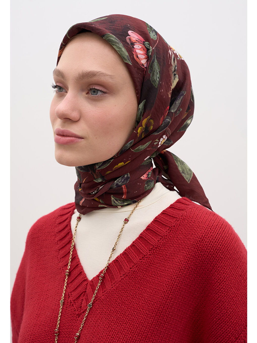 Flower Rain Desen Pamuklu Viskon Eşarp Bordo-2