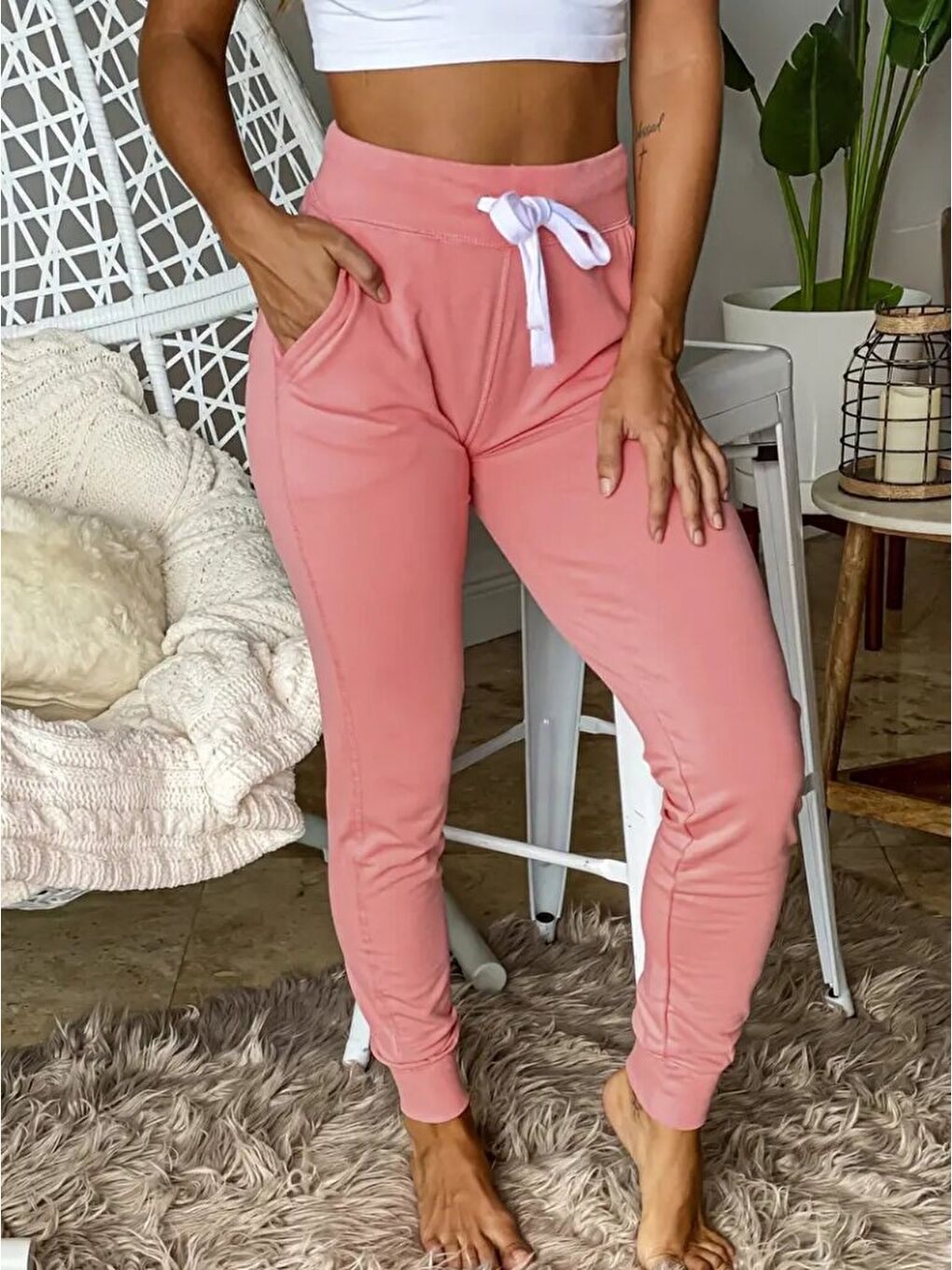 Pembe Kadın Kısa Kollu Madonna Yaka Viskon Crop Bluz Cepli Iki Iplik Eşofman Takım-4