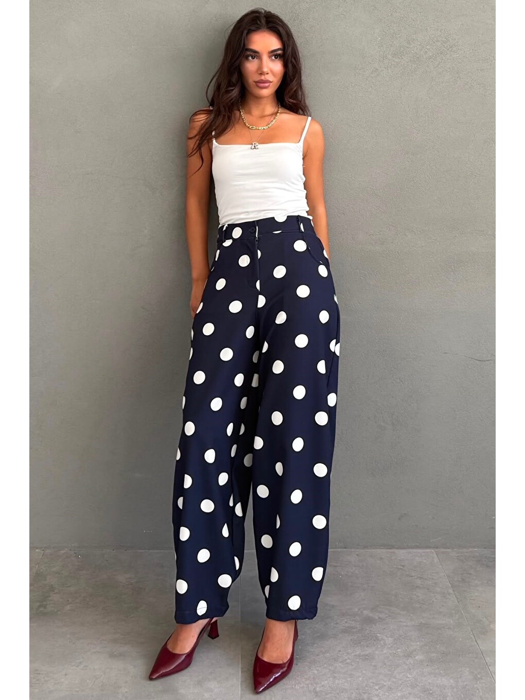 Lacivert Puantiyeli Beli Lastikli Balon Kadın Pantolon Mg2886-1