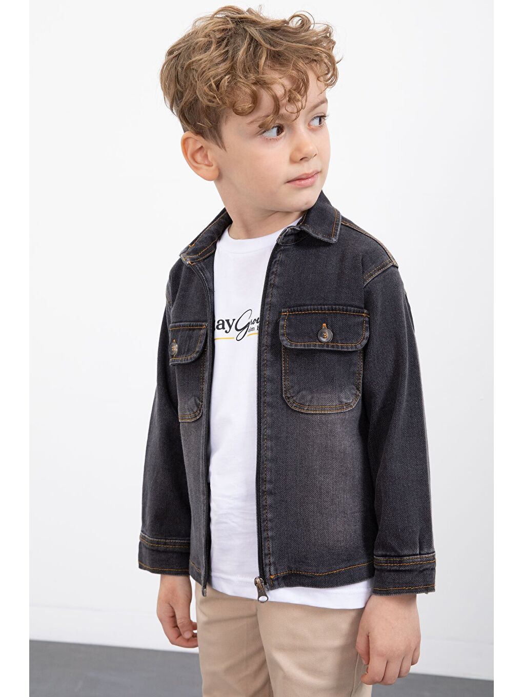 Siyah Fermuarlı Jean Ceketli Erkek Çocuk Pantolonlu 3lü Takım 23387-3