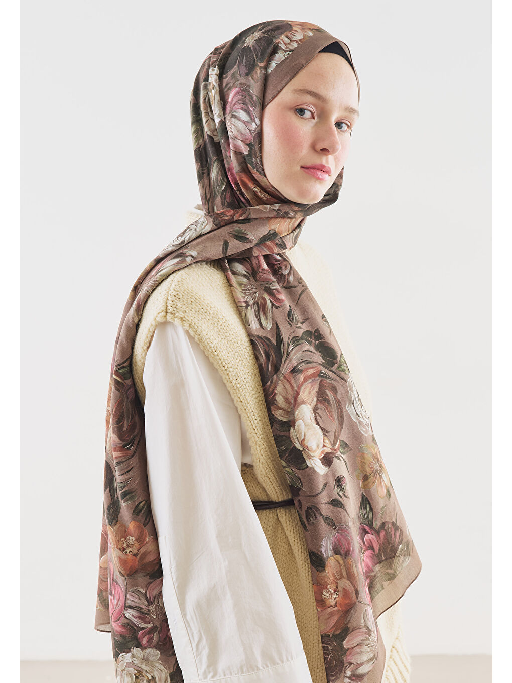 Bej ROSINE DESENLİ PAMUK VİSKON ŞAL VİZON-3