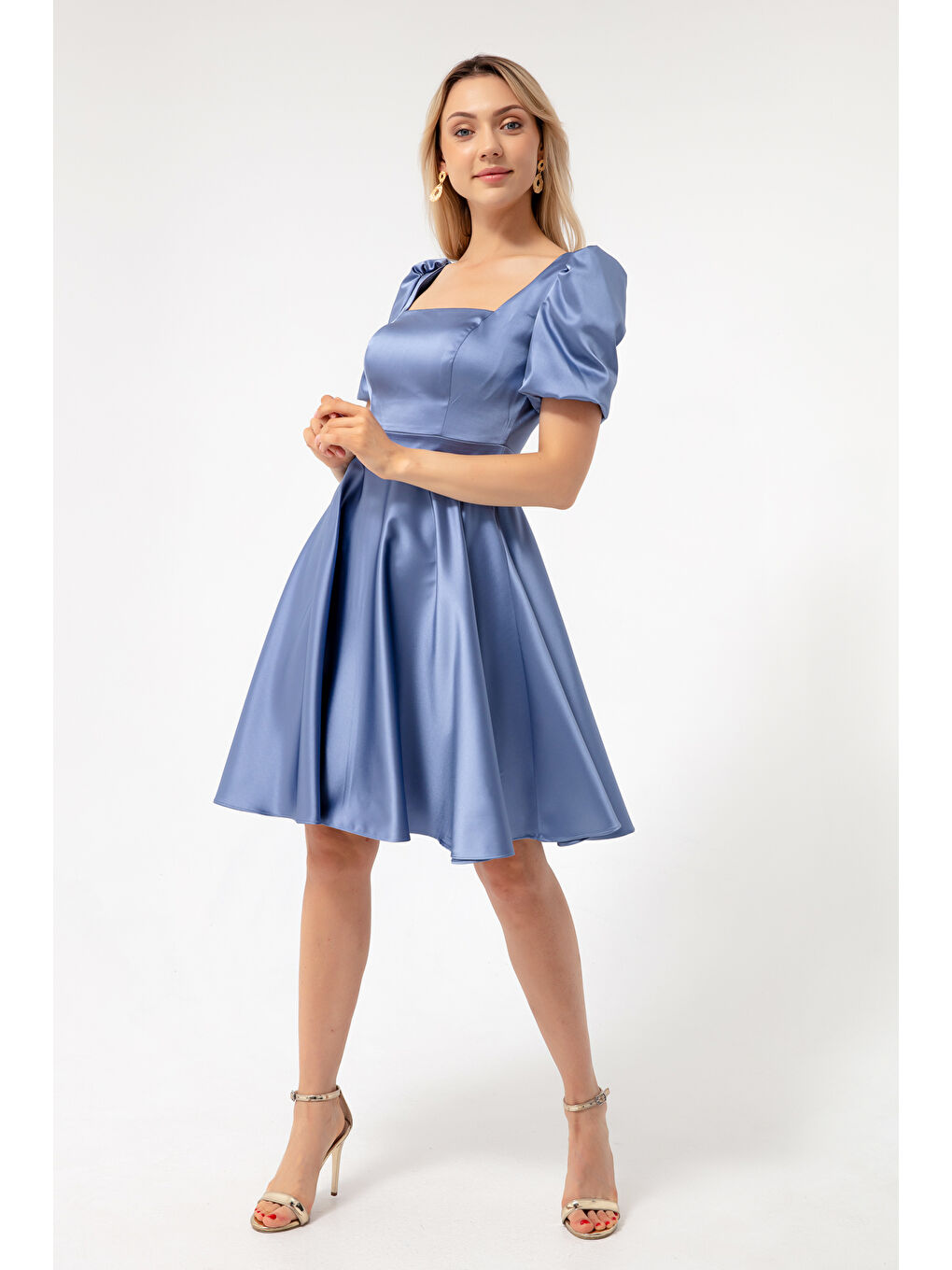 Kadın İndigo Balon Kol Kloş Kesim Midi Saten Abiye Elbise-1
