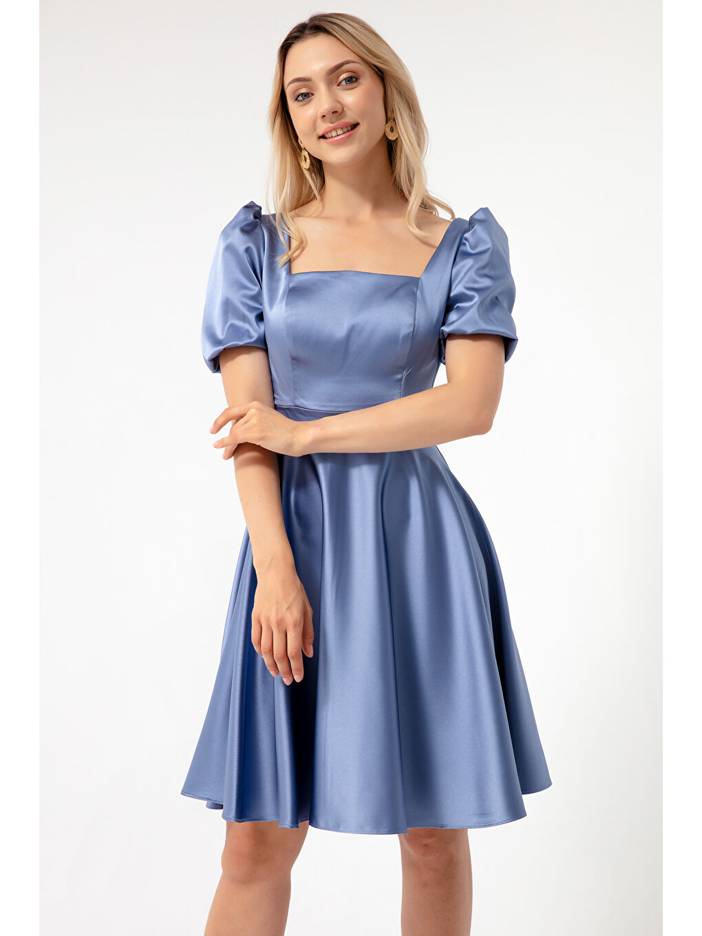 Kadın İndigo Balon Kol Kloş Kesim Midi Saten Abiye Elbise-2