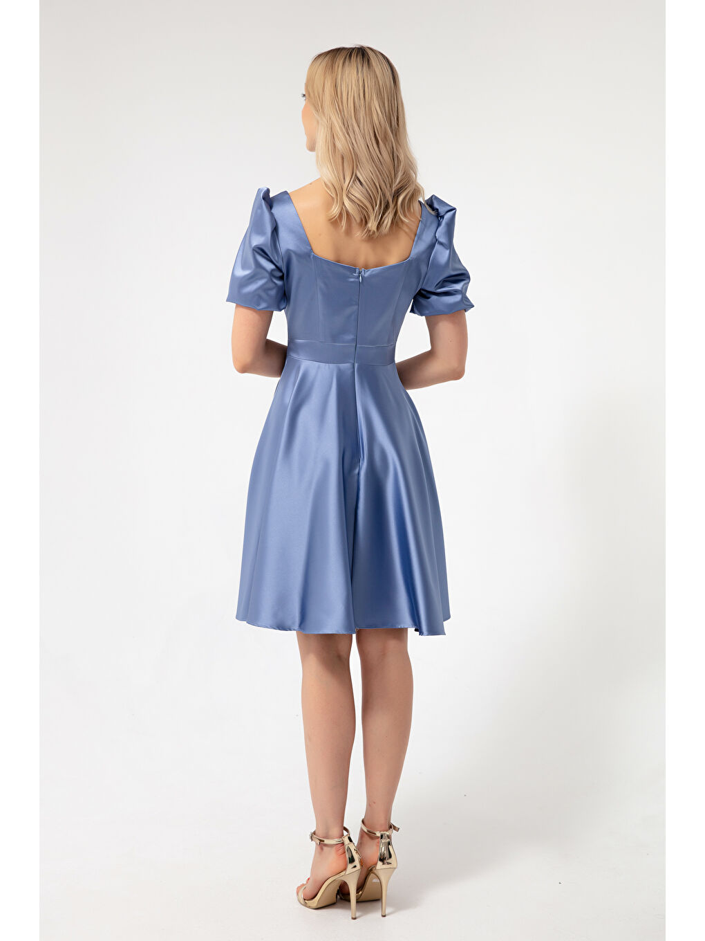 Kadın İndigo Balon Kol Kloş Kesim Midi Saten Abiye Elbise-4