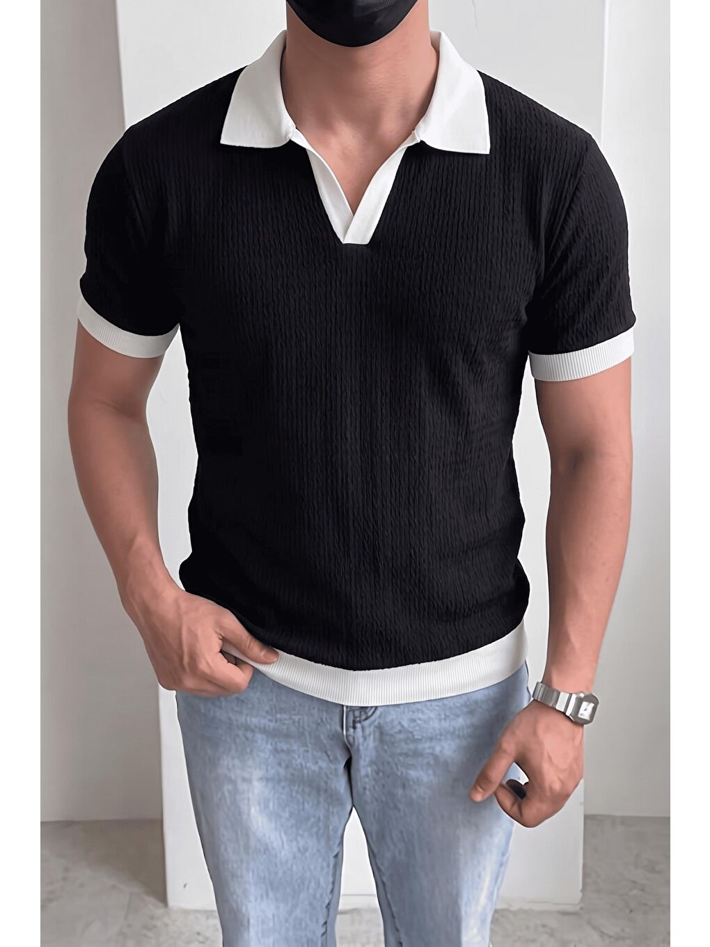 Siyah Cube Erkek Slim Fit Jakarlı Polo Yaka Triko Tişört - Kontrast Şeritli Örme Buklet
