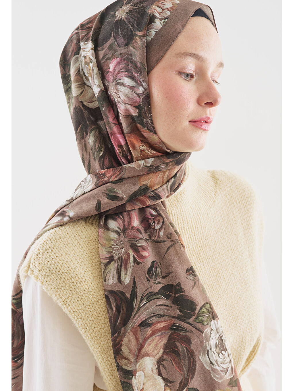 Bej ROSINE DESENLİ PAMUK VİSKON ŞAL VİZON-4