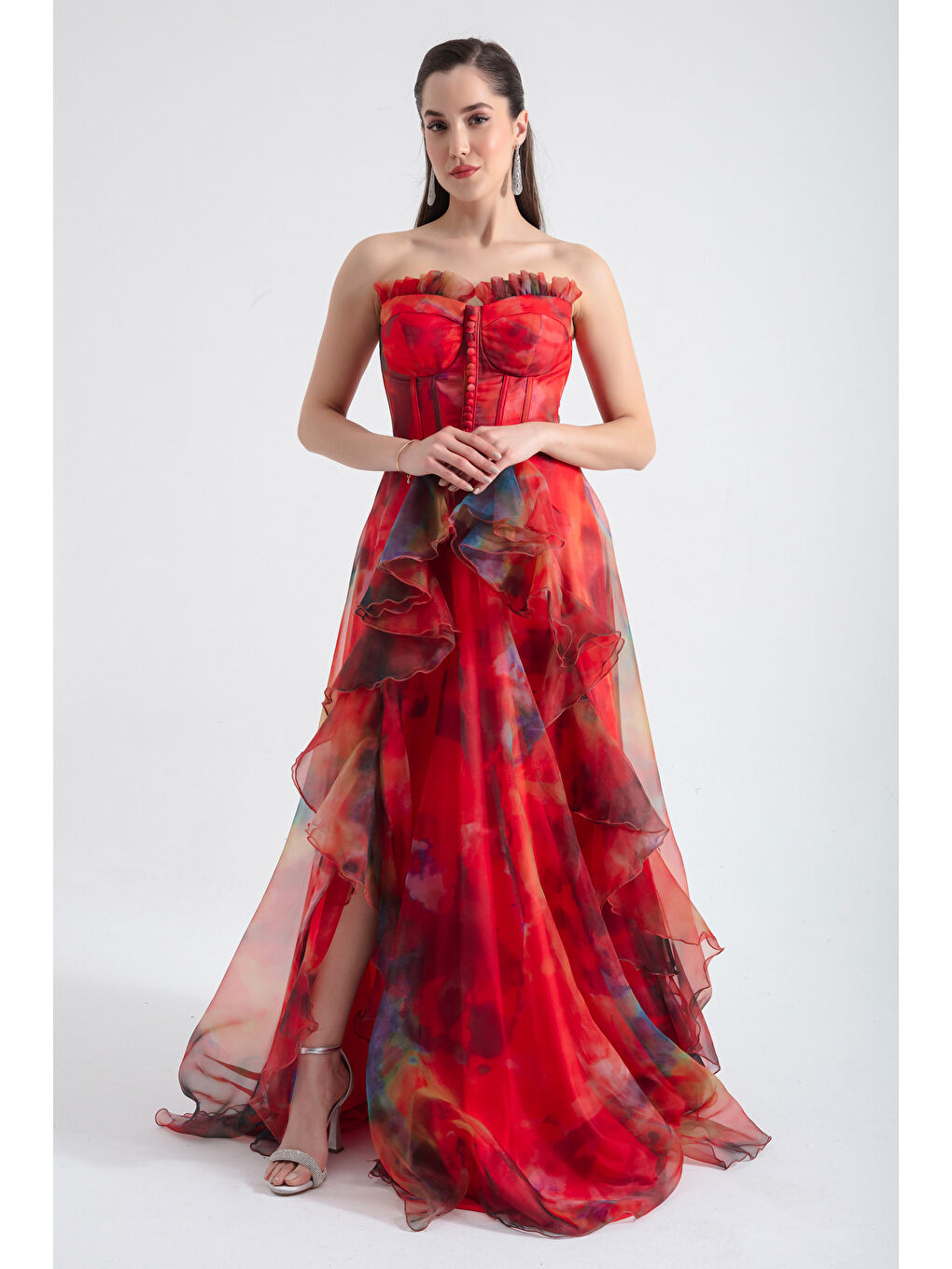 Kadın Turuncu Straplez Organze Uzun Abiye Elbise