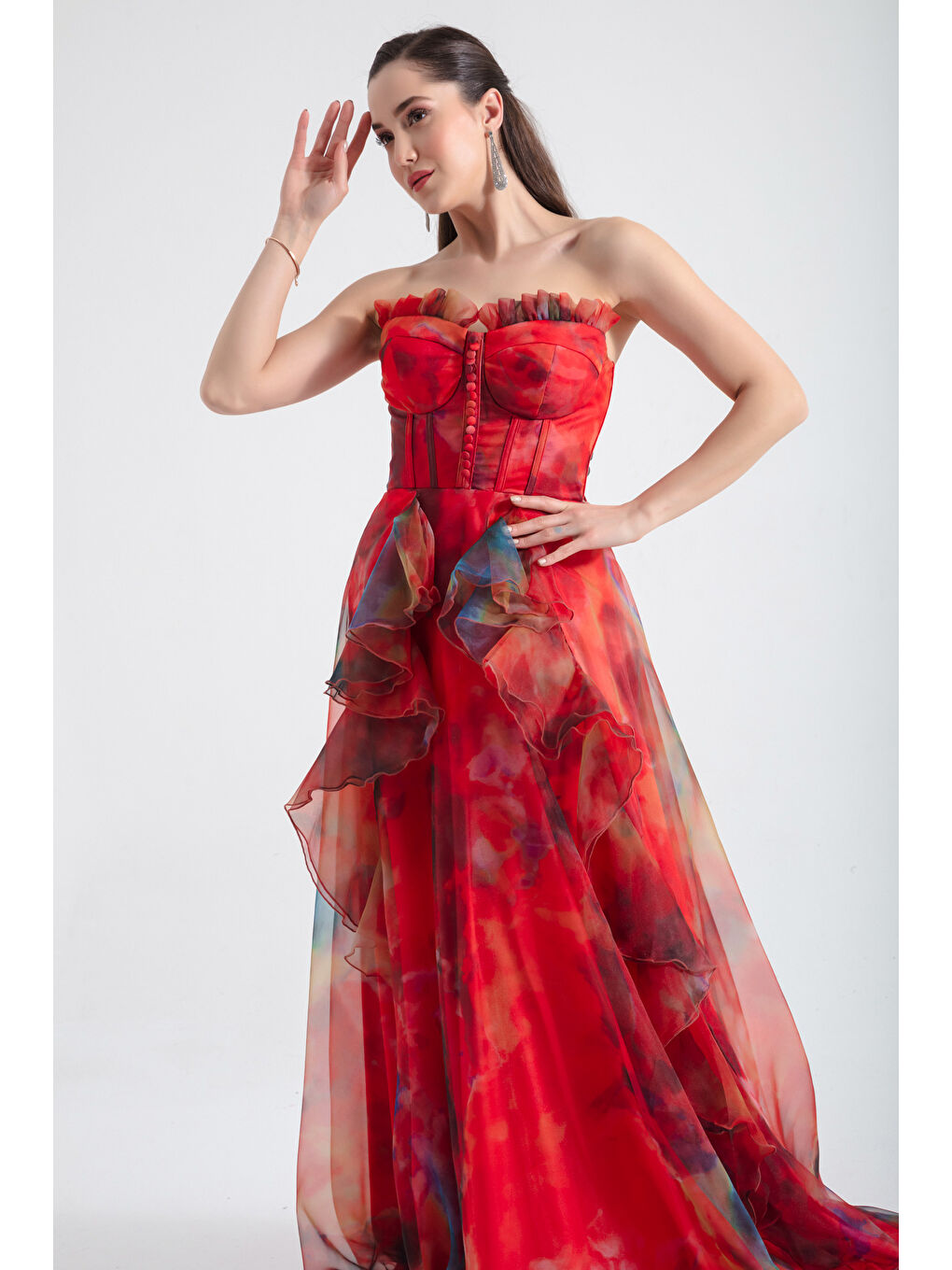 Kadın Turuncu Straplez Organze Uzun Abiye Elbise-1