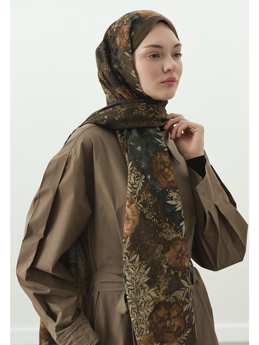 Haki SOFT HIBISCUS DESENLİ PAMUK VİSKON ŞAL HAKİ
