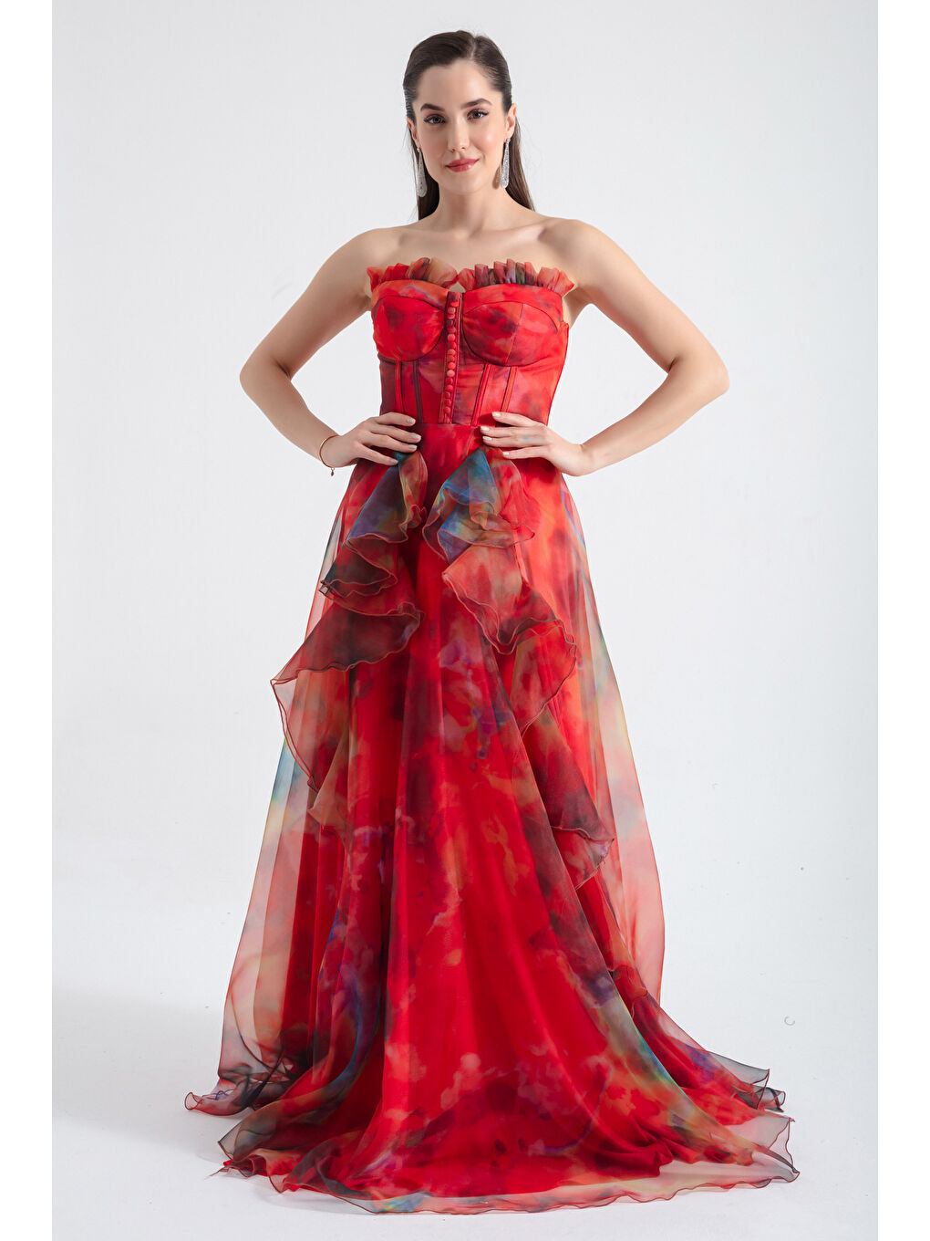 Kadın Turuncu Straplez Organze Uzun Abiye Elbise-2