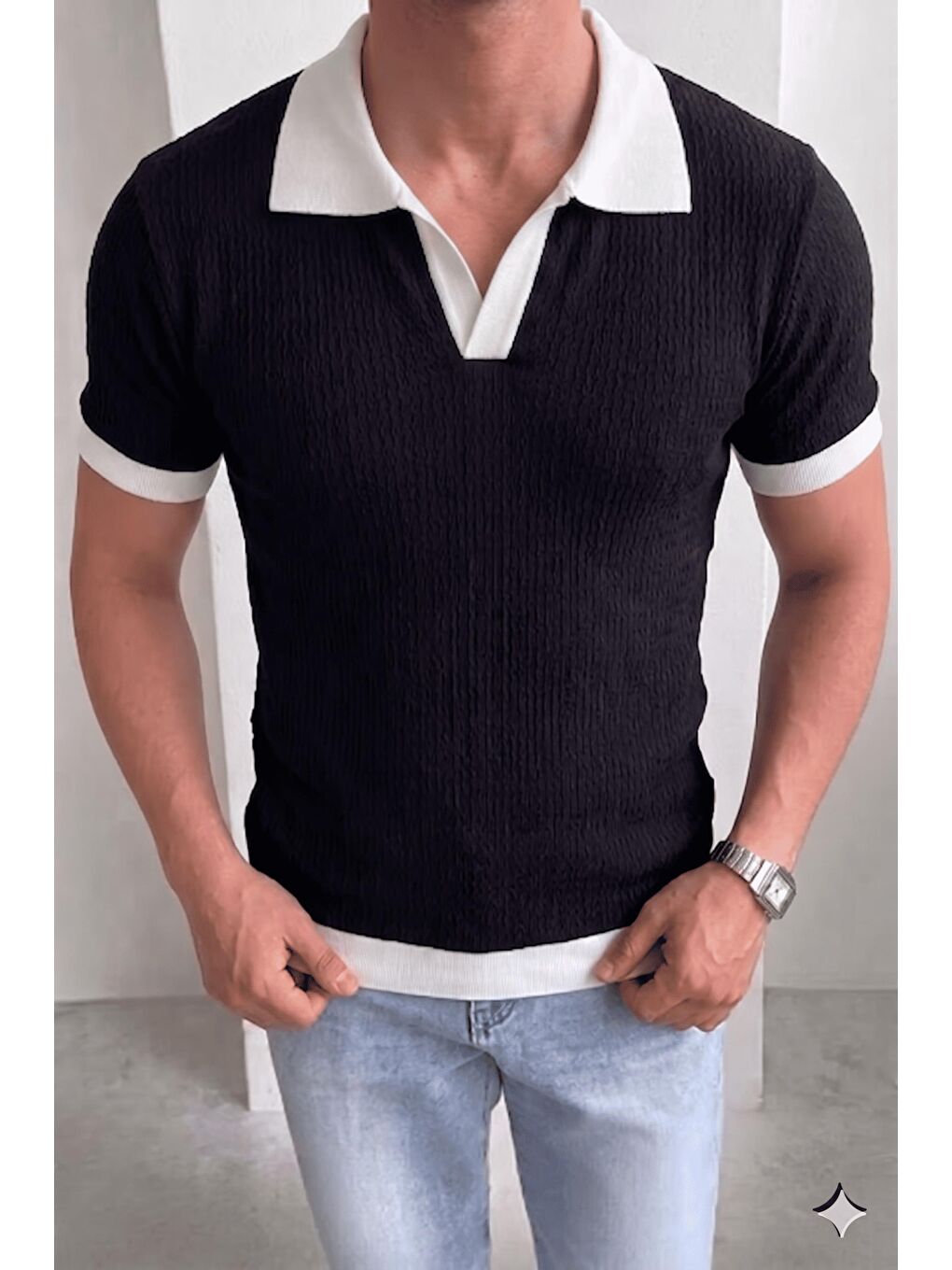 Siyah Cube Erkek Slim Fit Jakarlı Polo Yaka Triko Tişört - Kontrast Şeritli Örme Buklet-1