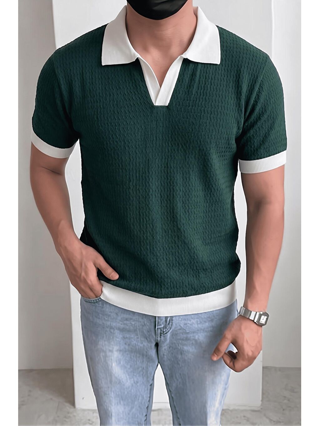 Yeşil Cube Erkek Slim Fit Jakarlı Polo Yaka Triko Tişört - Kontrast Şeritli Örme Buklet