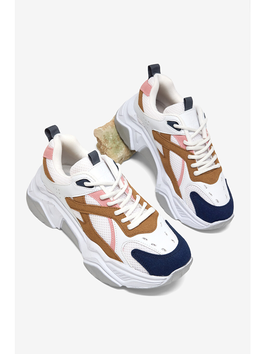 Kadın Beyaz Mavi Kahve Rahat Kalıp Poli Taban Bağcıklı Sneaker-2