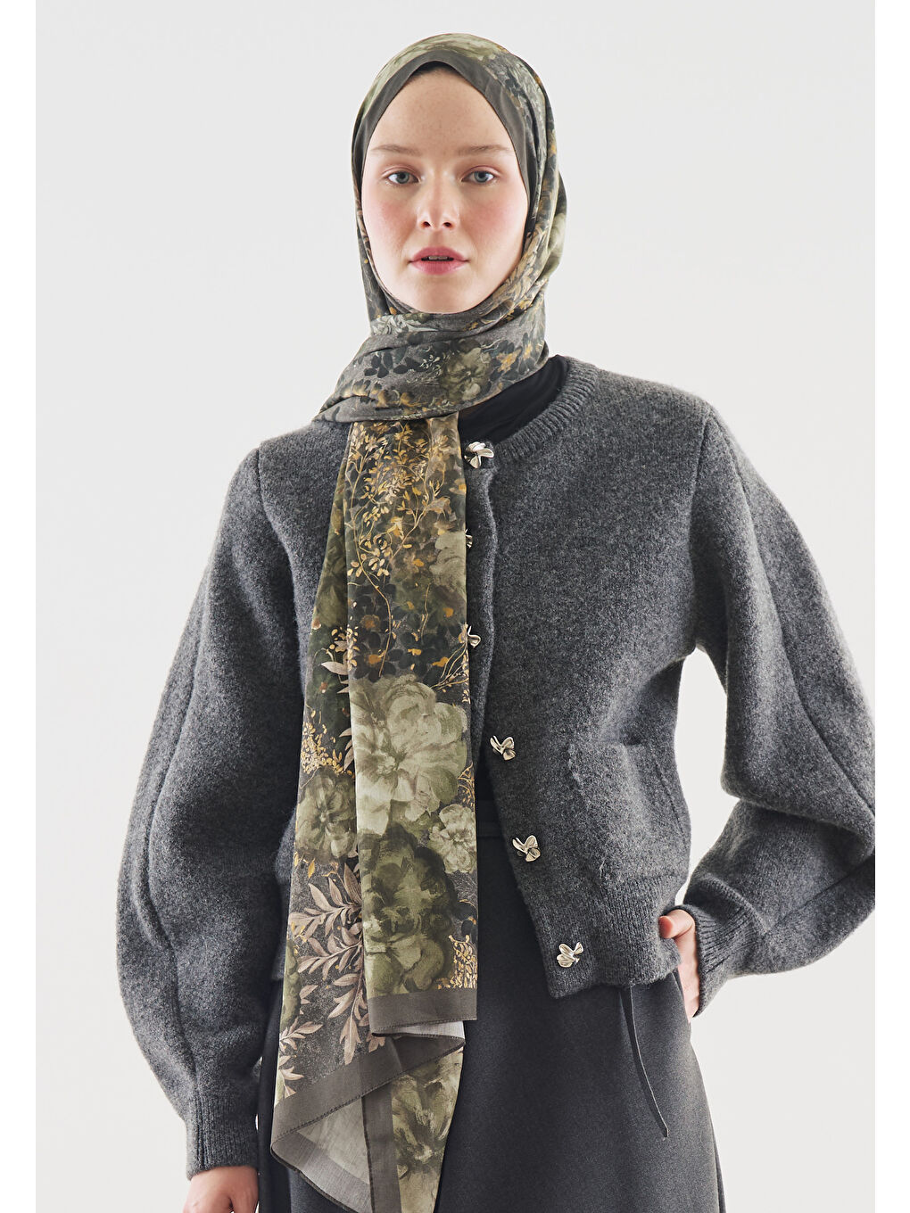 Gri SOFT HIBISCUS DESENLİ PAMUK VİSKON ŞAL FÜME