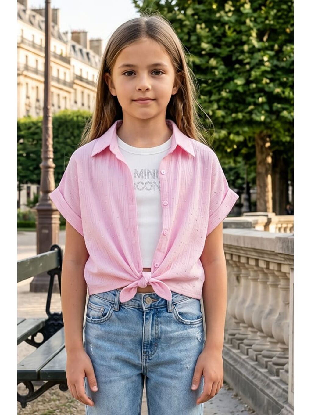 Pembe Kız Çocuk Crop Taşlı Gömlek Body İkili Takım-1
