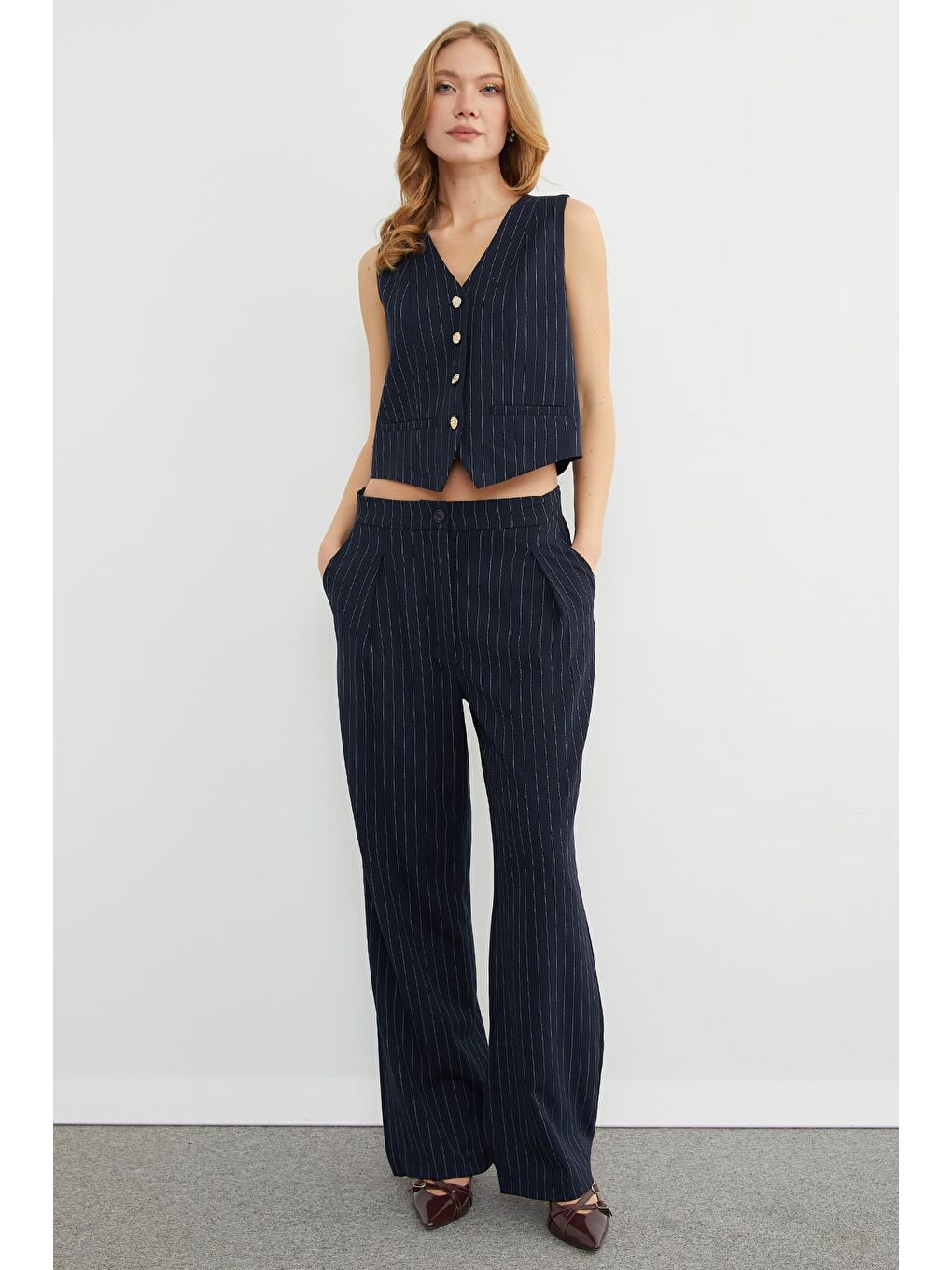 Lacivert Yüksek Bel Çizgili Palazzo Pantolon