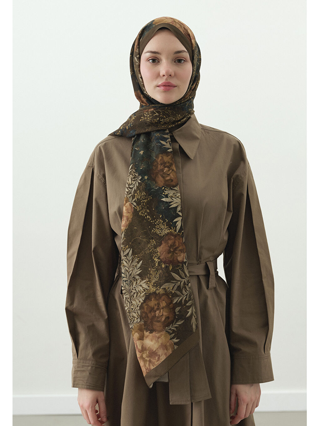 Haki SOFT HIBISCUS DESENLİ PAMUK VİSKON ŞAL HAKİ-1