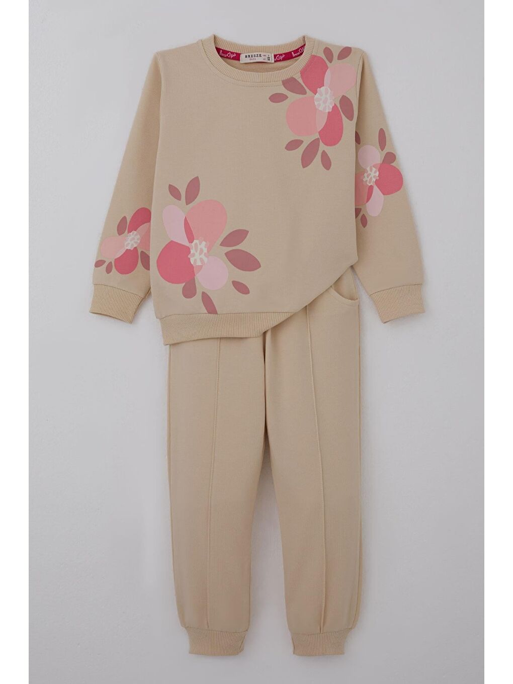 Kız Çocuk Eşofman Takımı Çiçek Baskılı Pantolonu Çima Dikiş Detaylı Bej (3-7 Yaş)-1