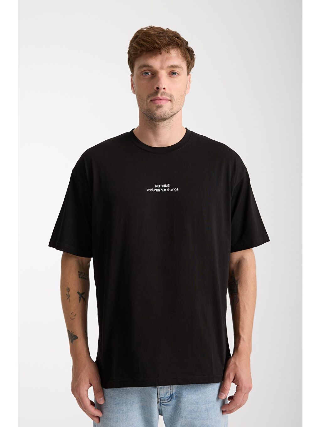 Erkek Siyah Nothing Nakış Yazılı Oversize Bisiklet Yaka Tişört