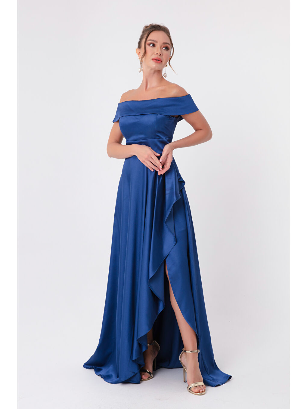 Kadın İndigo Kayık Yaka Saten Abiye & Mezuniyet Elbisesi-3